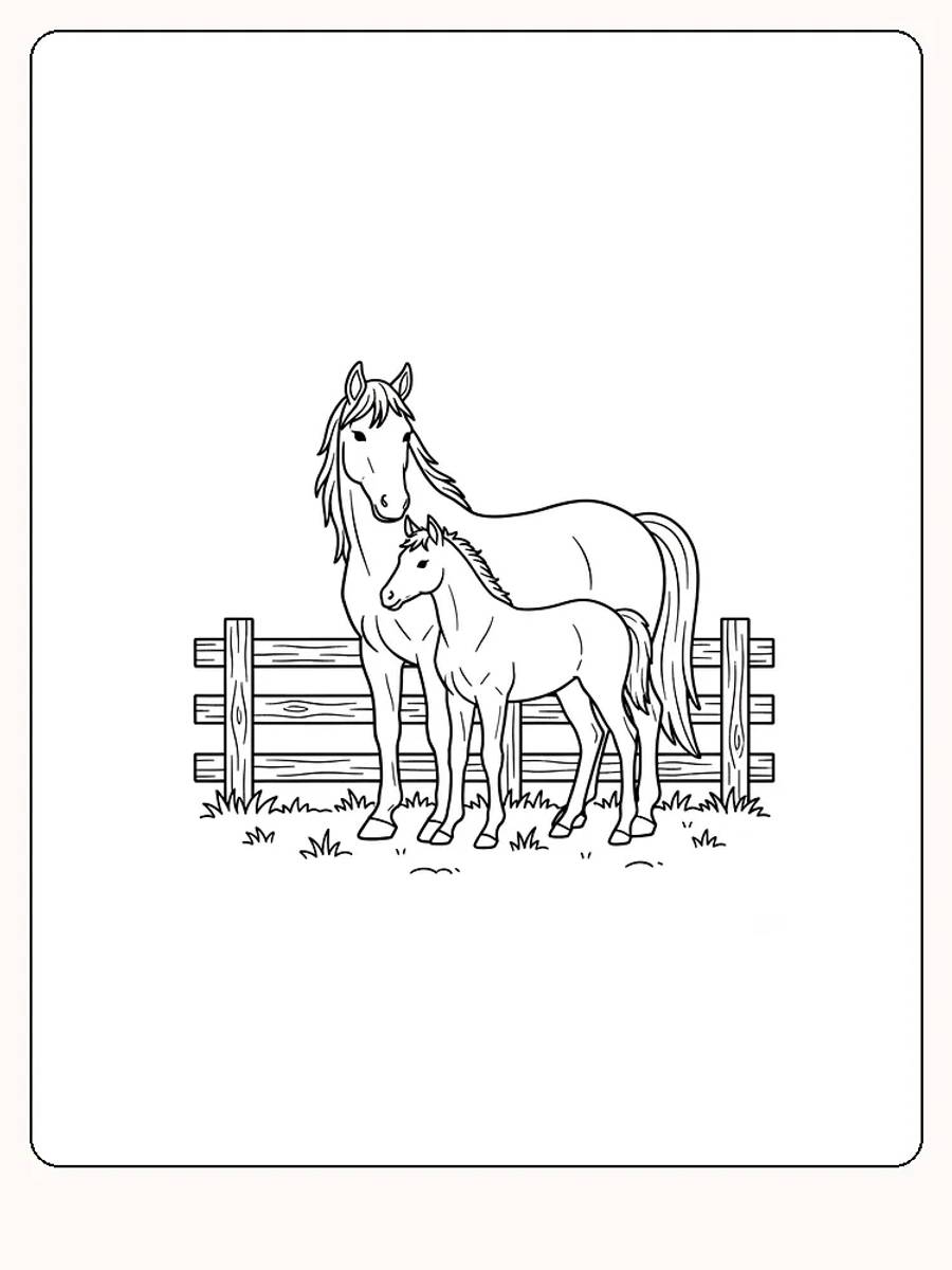 Tegning til farvelægning af en hest med føl ved et hegn, klar til print