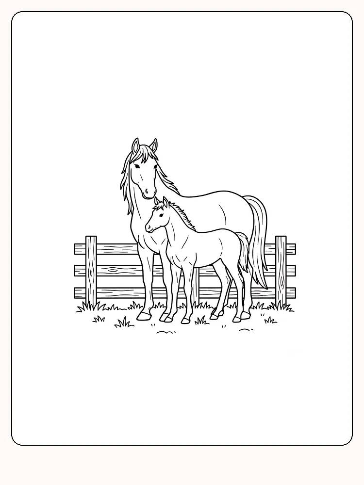 Tegning til farvelægning af en hest med føl ved et hegn, klar til print