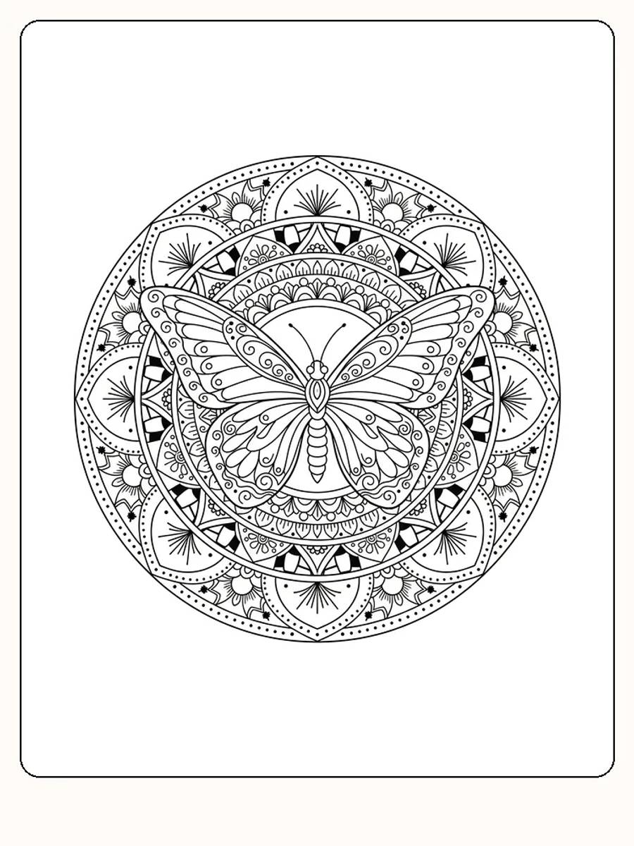 Detaljert mandala med sommerfugl, klar for nedlasting og fargelegging av voksne og barn
