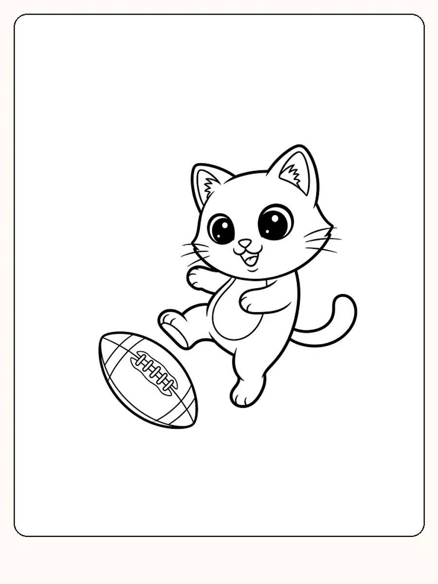 Fargeleggingstegning av en lekende katt som sparker en rugbyball, klar for utskrift