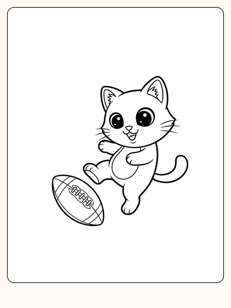 Fargeleggingstegning av en lekende katt som sparker en rugbyball, klar for utskrift