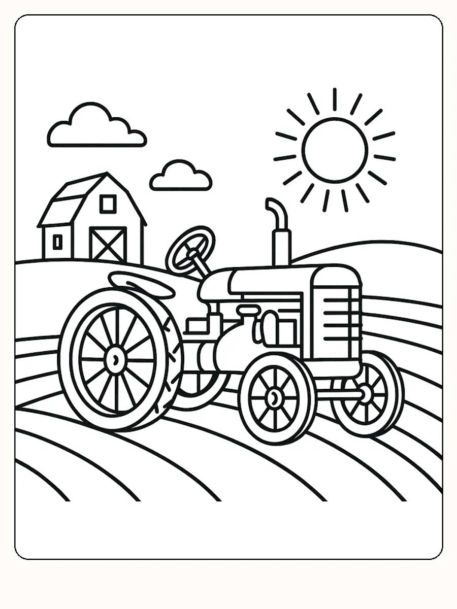Fargeleggingstegning av en traktor på en landlig gård med sol og låve, klar for utskrift