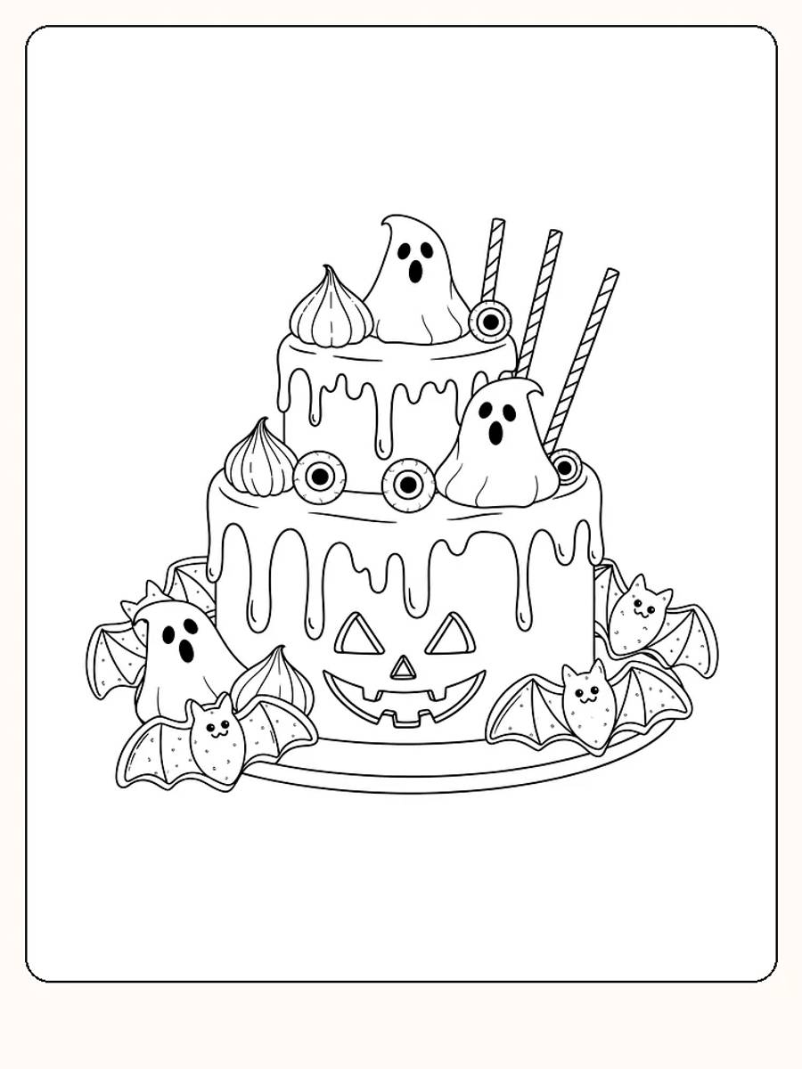 Fargeleggingsbilde av en Halloween-kake med spøkelser og flaggermus, klar for utskrift