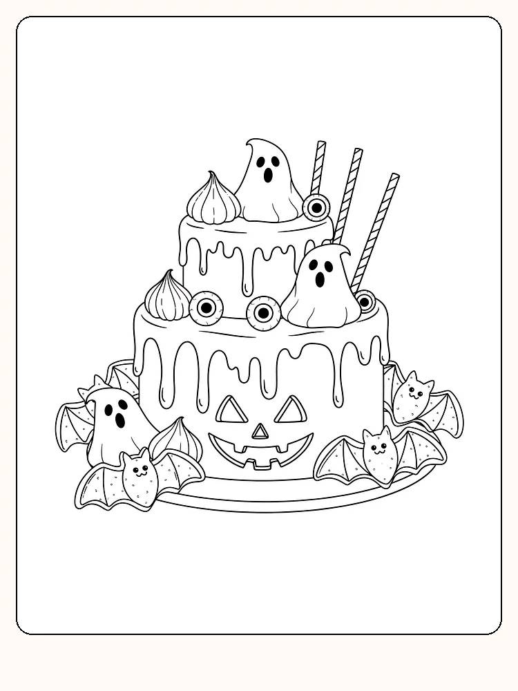 Fargeleggingsbilde av en Halloween-kake med spøkelser og flaggermus, klar for utskrift
