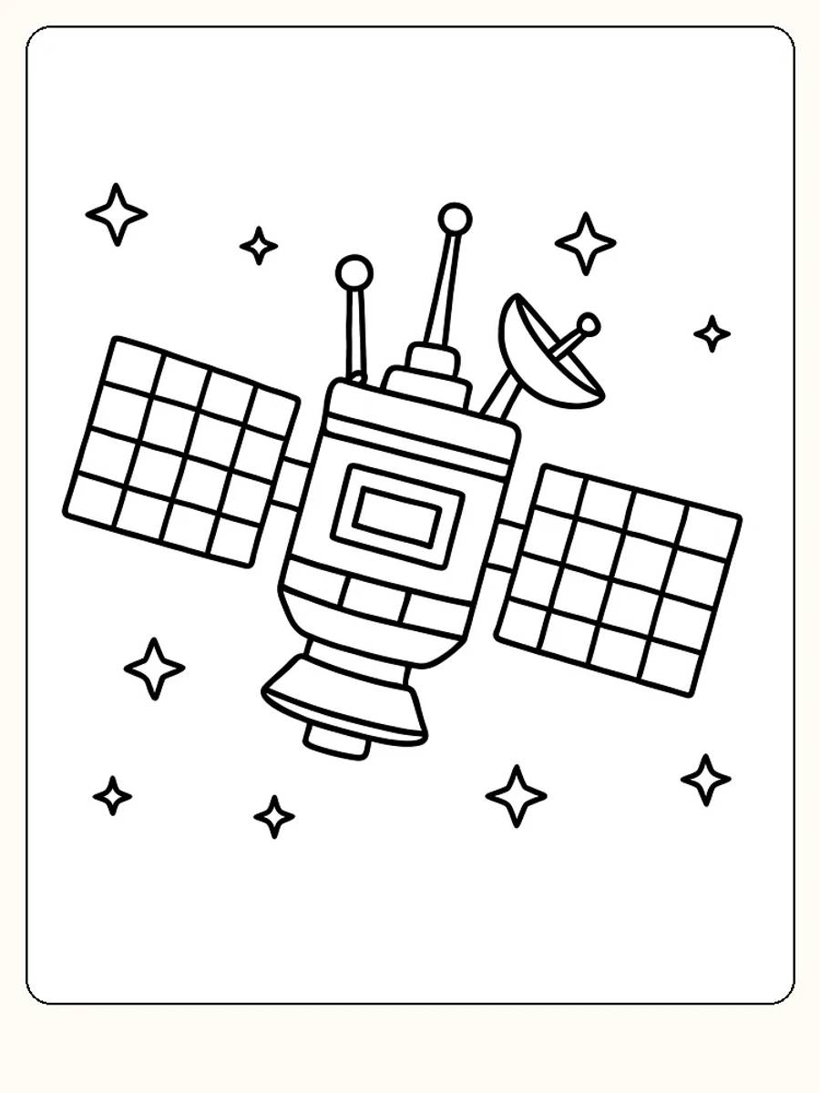 Tegning til farvelægning med satellit omgivet af stjerner