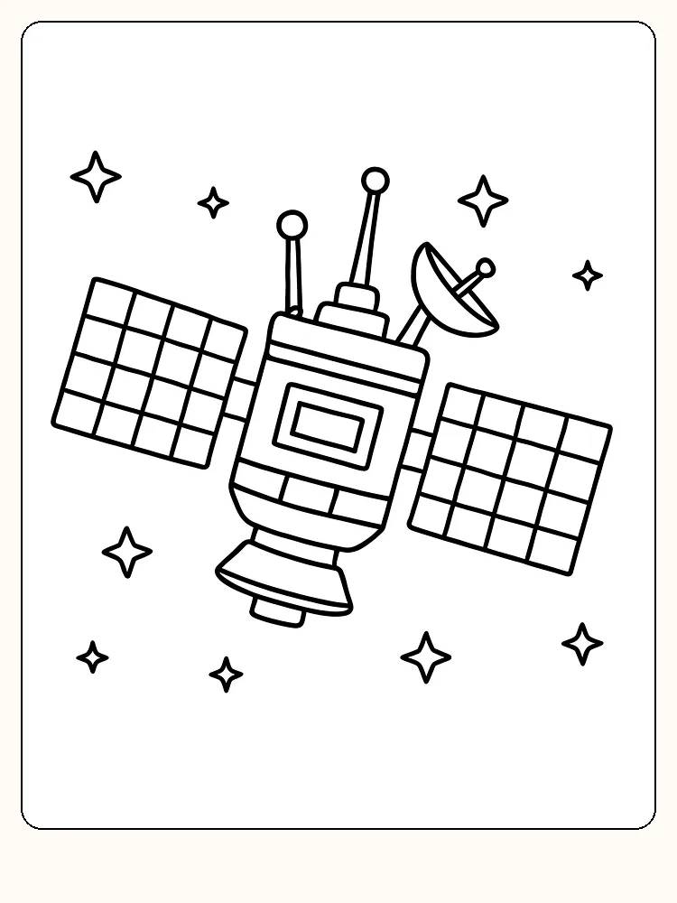 Tegning til farvelægning med satellit omgivet af stjerner