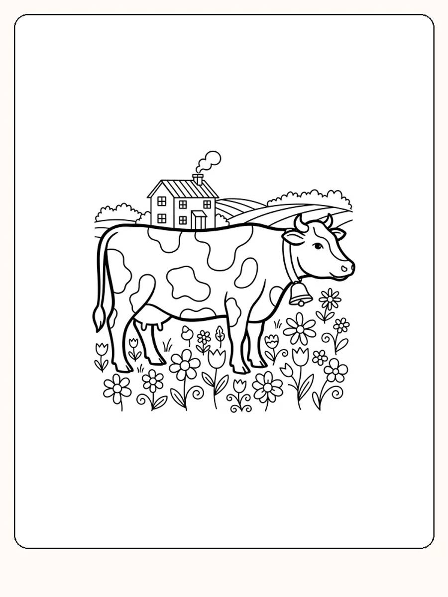 Fargeleggingstegning av en ku på en eng med blomster og et lite hus i bakgrunnen