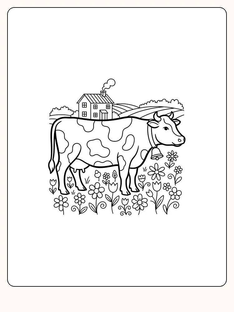 Fargeleggingstegning av en ku på en eng med blomster og et lite hus i bakgrunnen