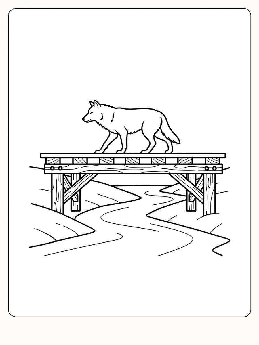 Tegning til farvelægning af en ulv, der går over en bro over en å, klar til print
