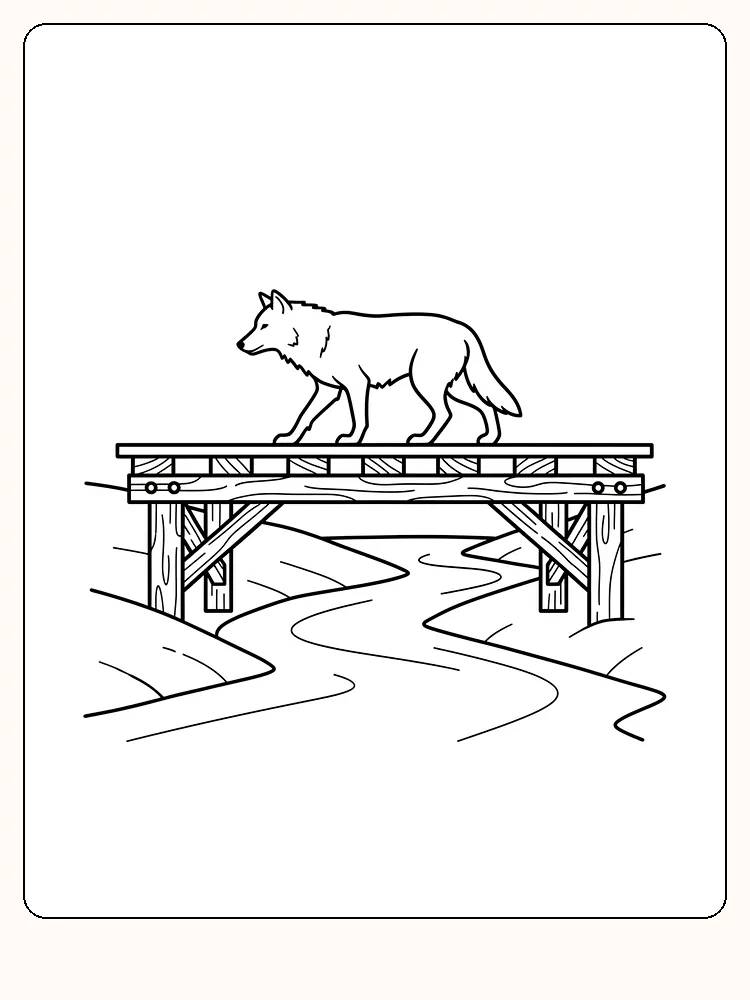 Tegning til farvelægning af en ulv, der går over en bro over en å, klar til print