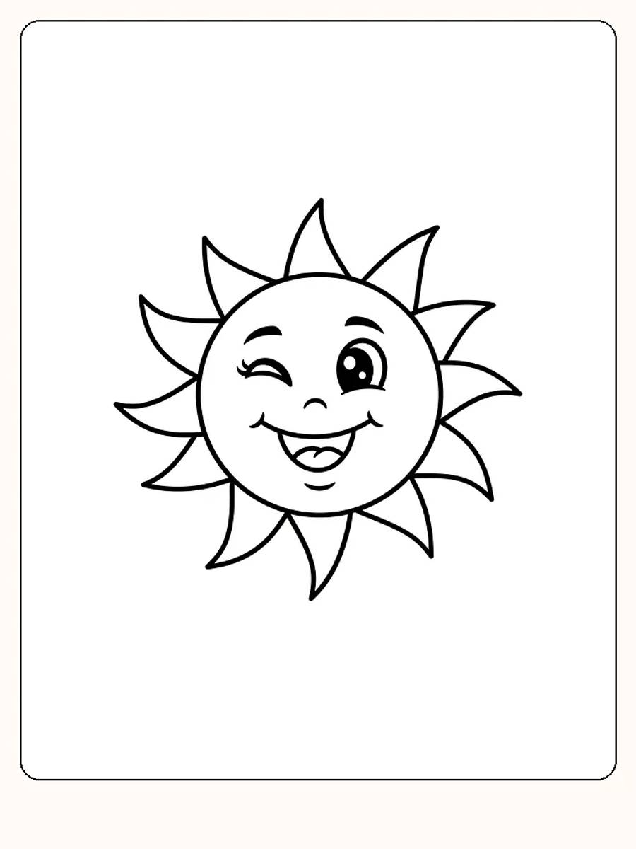 Tegning av en smilende sol med ansikt som blunker, klar til fargelegging