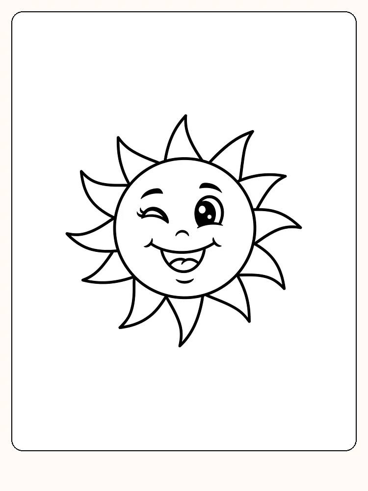 Tegning av en smilende sol med ansikt som blunker, klar til fargelegging