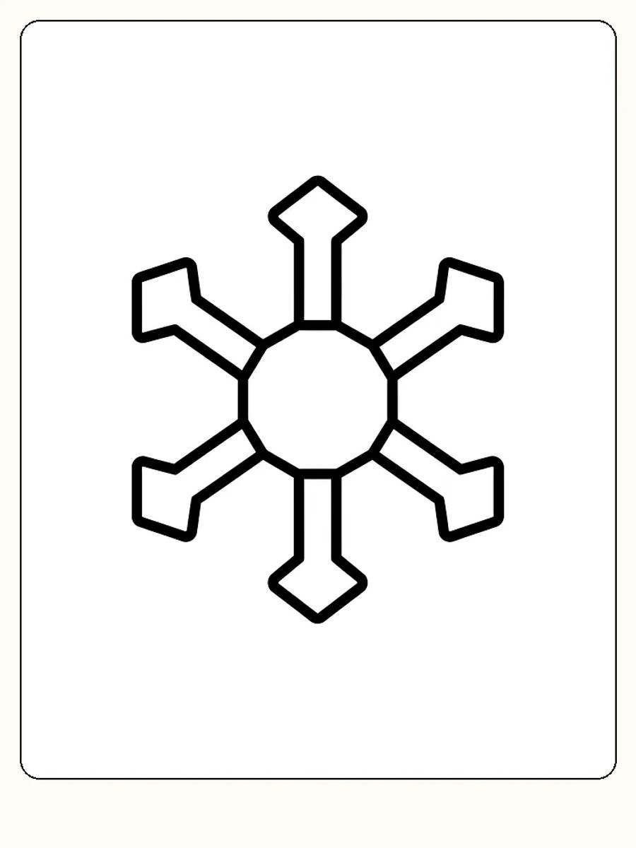 Fargeleggingsbilde av et geometrisk snøfnugg med seks armer, klar for utskrift