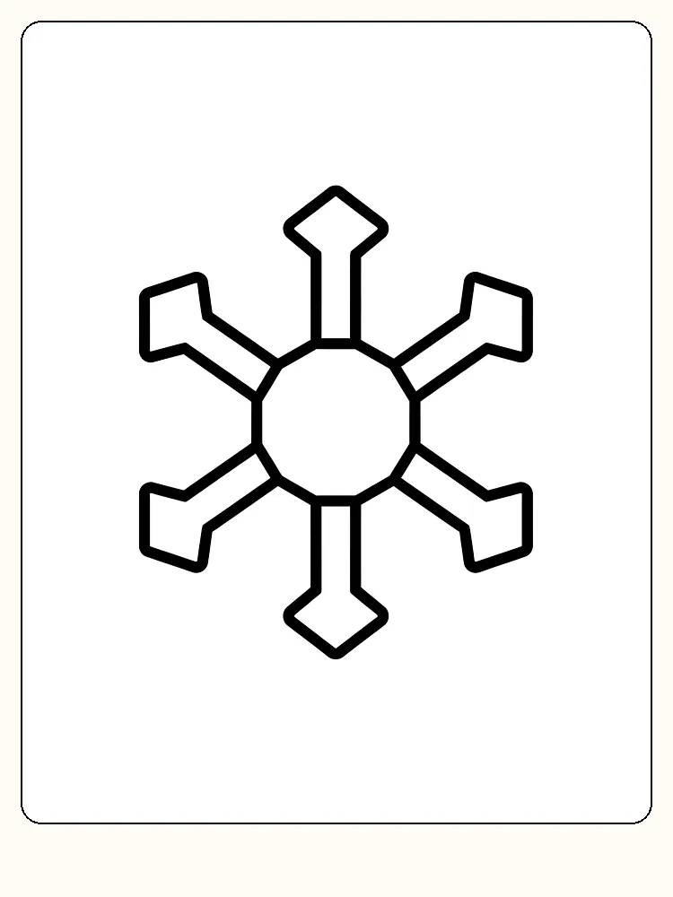 Fargeleggingsbilde av et geometrisk snøfnugg med seks armer, klar for utskrift