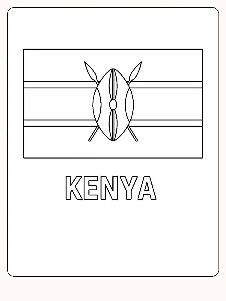 Deutsch:
Kenyas Flagge mit Schild und Speer, bereit zum Ausmalen