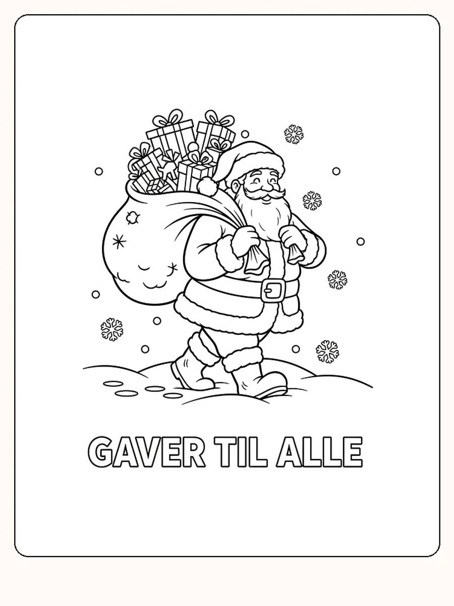 Tegning til farvelægning af julemand med stor sæk fuld af gaver, perfekt til juleaktiviteter