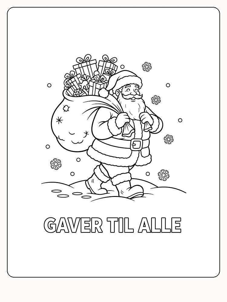 Tegning til farvelægning af julemand med stor sæk fuld af gaver, perfekt til juleaktiviteter