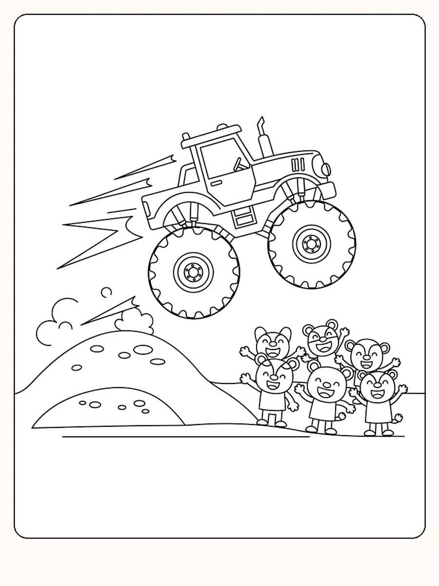 Monstertruck hopper over bakke mens glade barn ser på