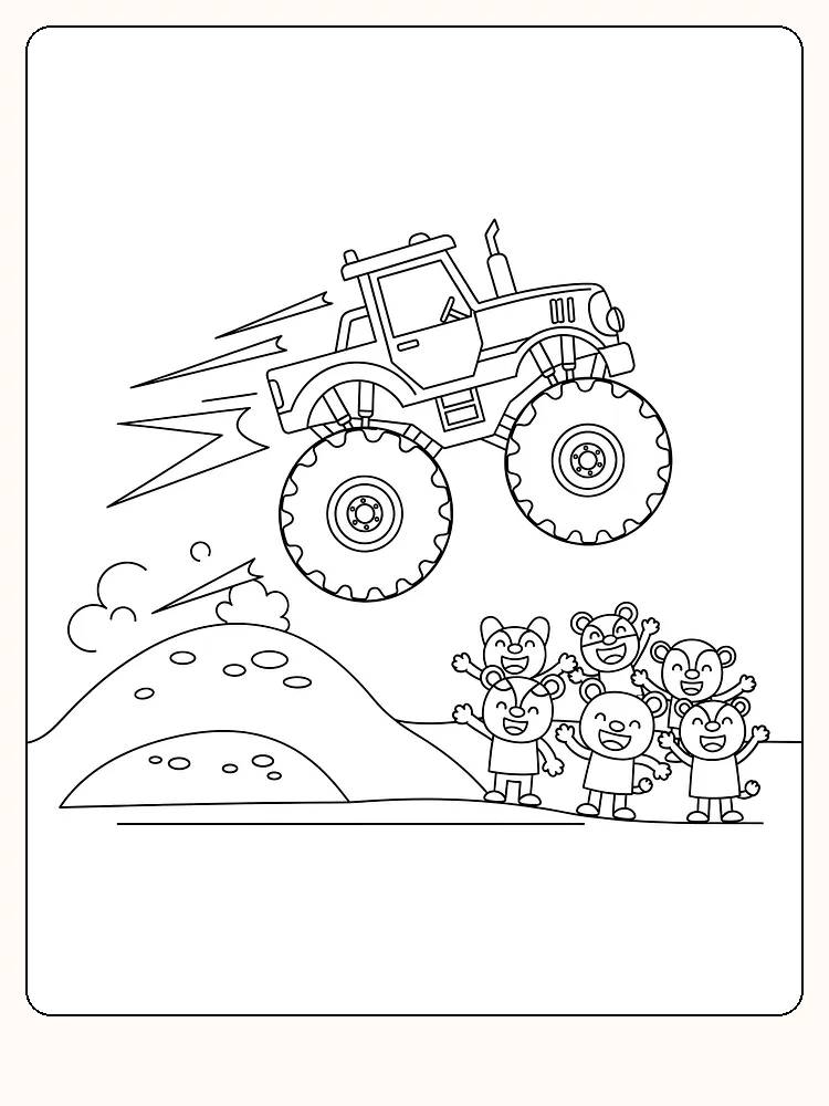 Monstertruck hopper over bakke mens glade barn ser på