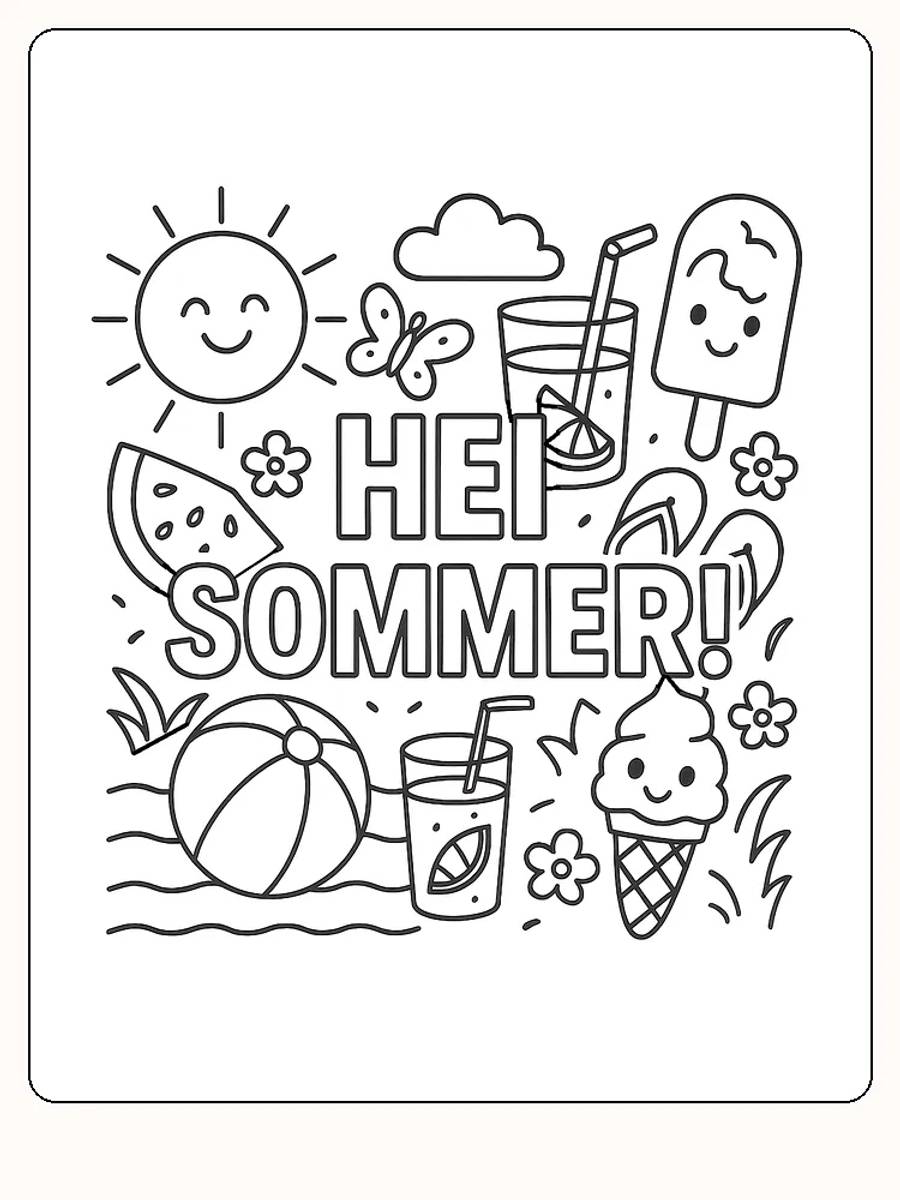 Fargeleggingsbilde av sommermotiv med sol, is og flip-flops, klar for utskrift