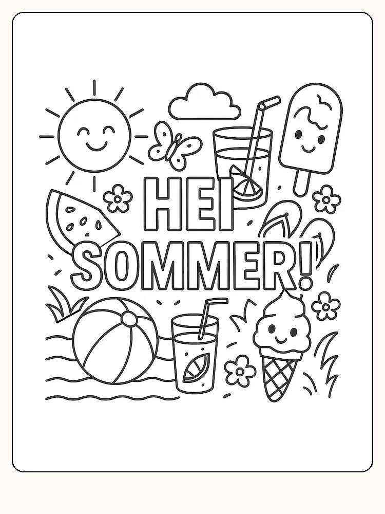 Fargeleggingsbilde av sommermotiv med sol, is og flip-flops, klar for utskrift