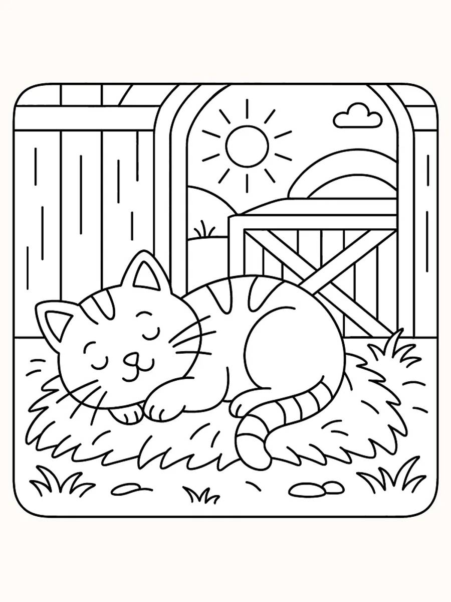 Fargeleggingstegning av katt som sover på halm i en lada, klar for utskrift