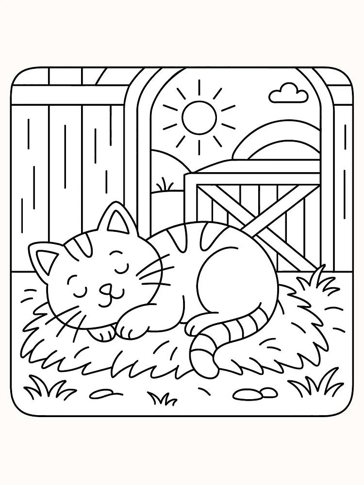 Fargeleggingstegning av katt som sover på halm i en lada, klar for utskrift