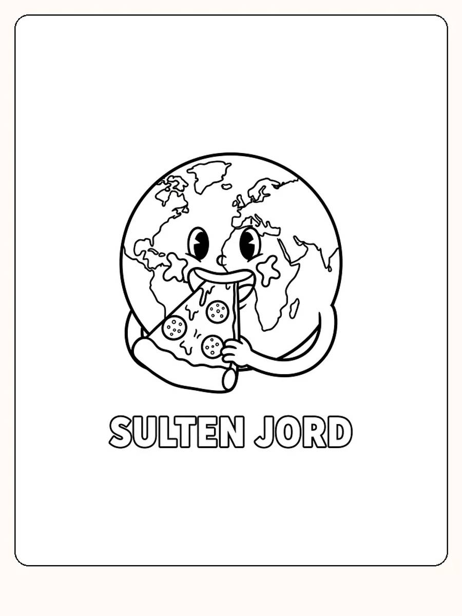 Tegning til farvelægning af jordkloden, der spiser en pizza. Klar til print og farvelægning.