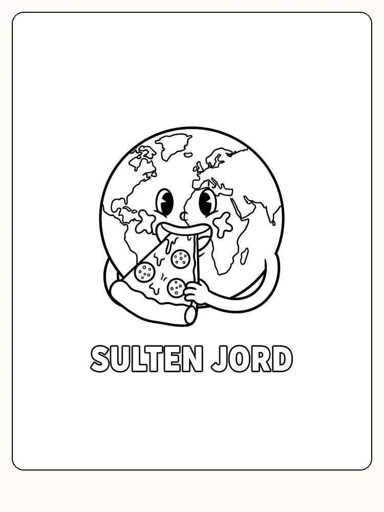 Tegning til farvelægning af jordkloden, der spiser en pizza. Klar til print og farvelægning.