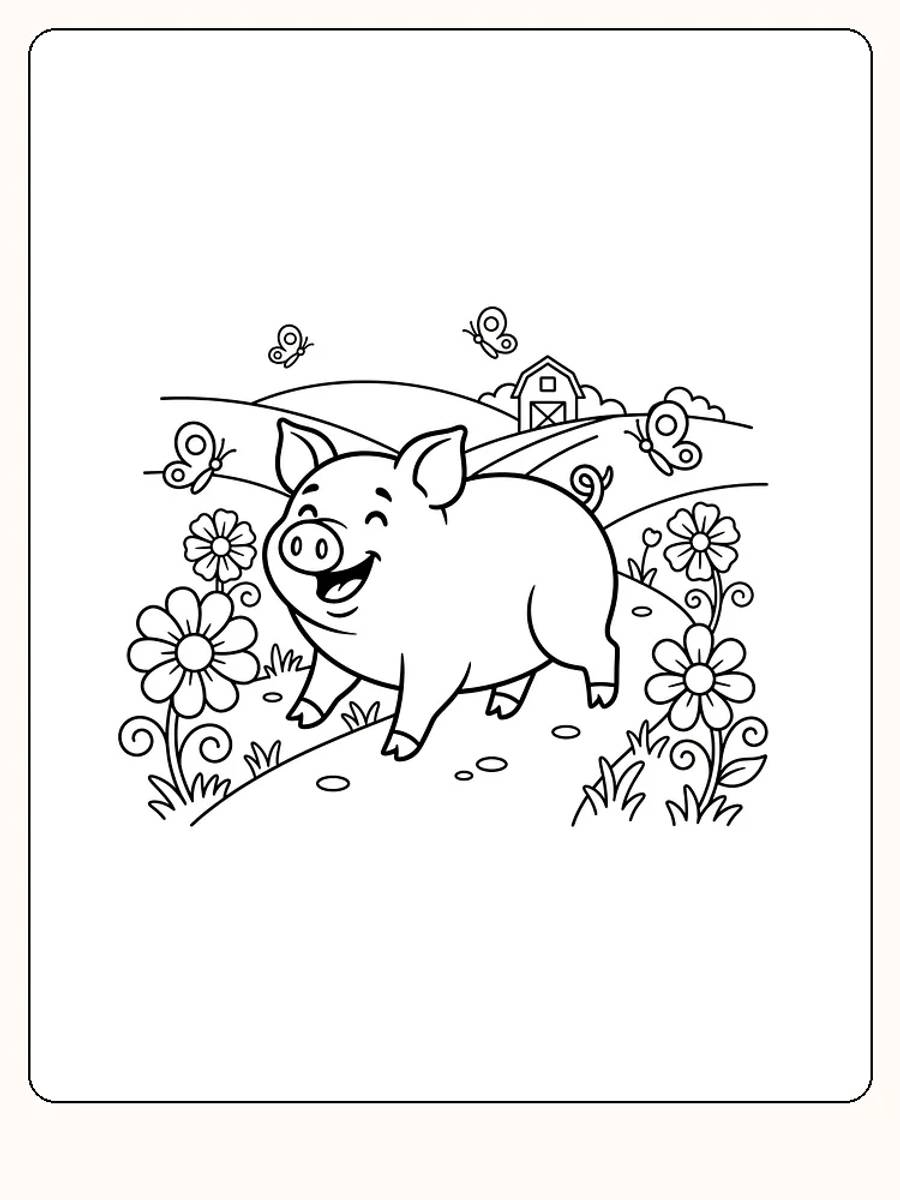 Fargeleggingstegning av en glad gris på en blomstereng med sommerfugler og en låve i bakgrunnen
