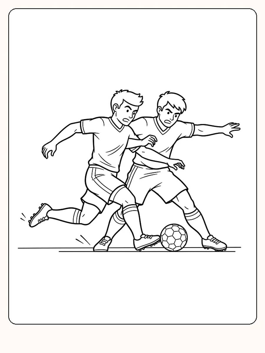 Fargeleggingstegning av to fotballspillere som kjemper om ballen, perfekt for utskrift