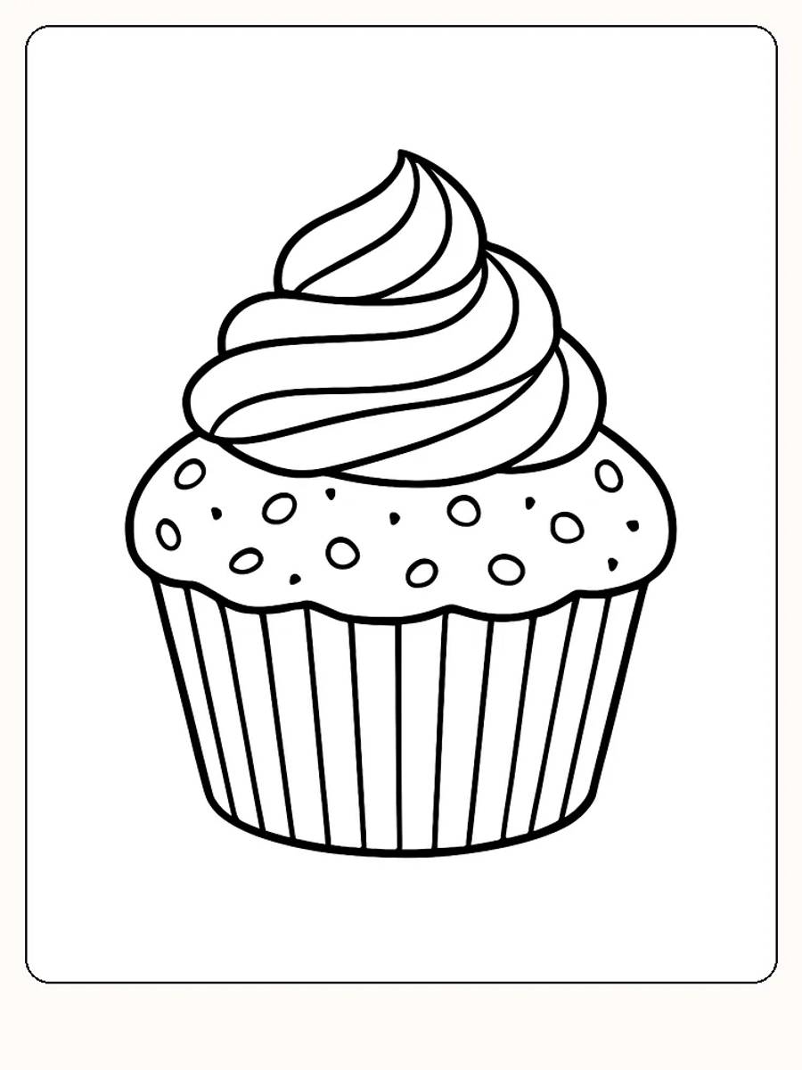 Fargeleggingstegning av en muffins med krem og dryss, klar for utskrift