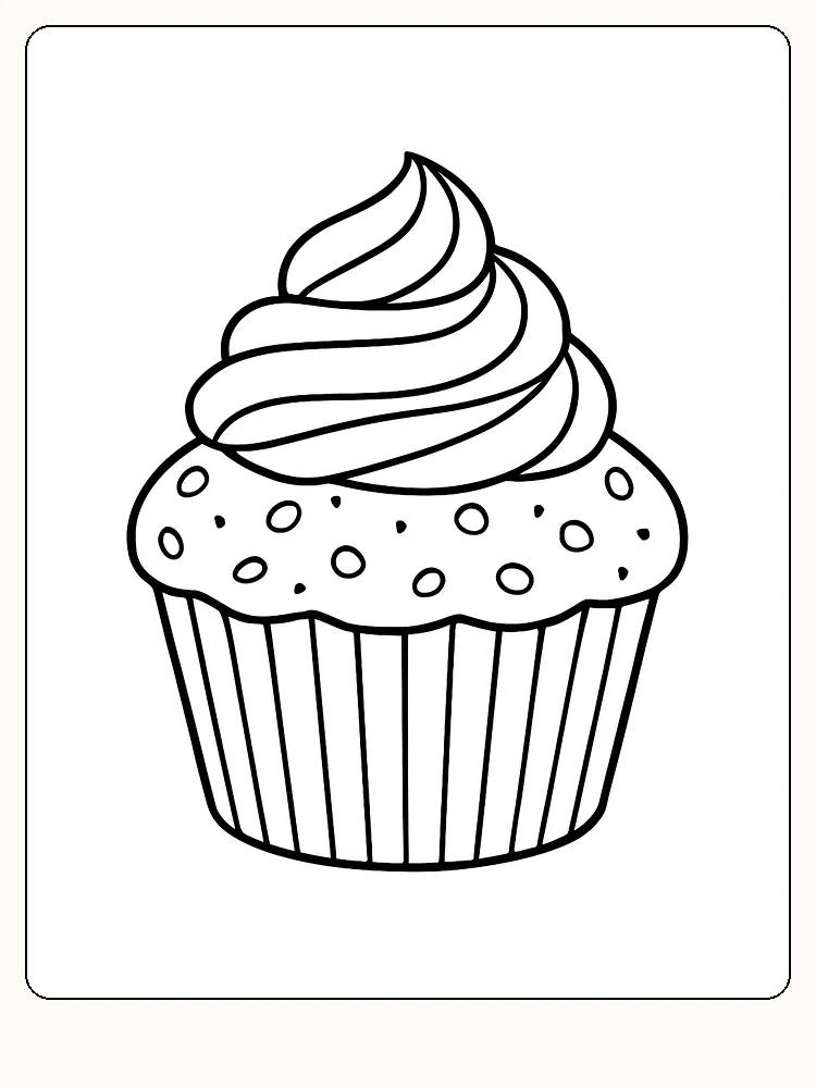 Fargeleggingstegning av en muffins med krem og dryss, klar for utskrift