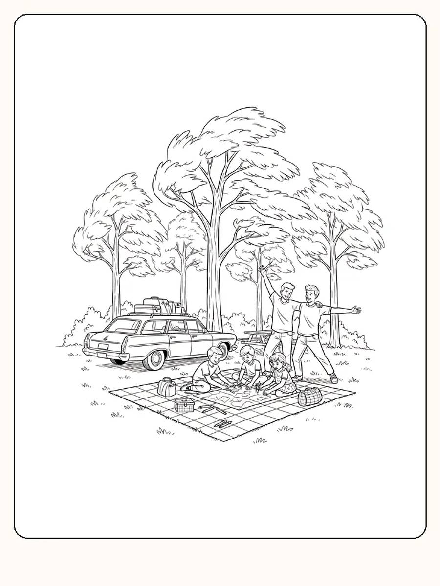 Tegning til farvelægning af en familie, der holder picnic i skoven. Perfekt til print og sjov