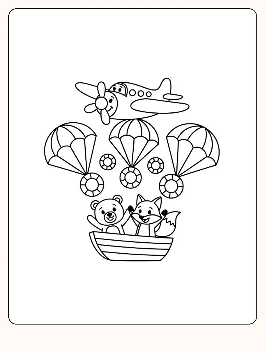 Målarbild av ett flygplan över en båt med en nallebjörn och en räv som svävar med parasoller.
