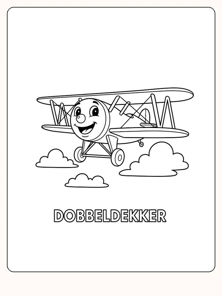 Målarbild av ett leende dubbeldäckarflygplan med ansikte, svävande bland moln.