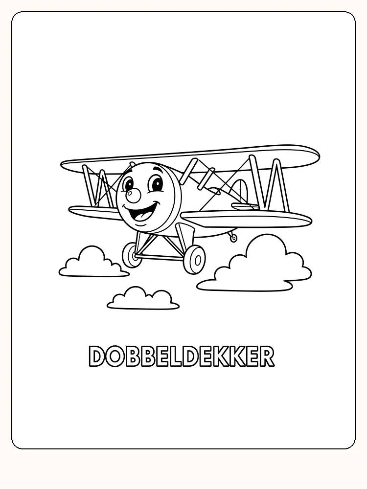 Målarbild av ett leende dubbeldäckarflygplan med ansikte, svävande bland moln.