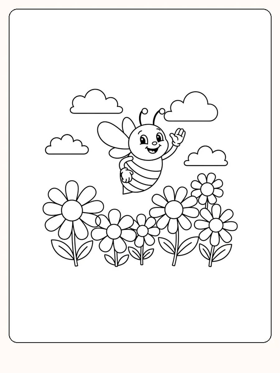 Fargeleggingstegning av en glad humle som flyr over blomster, klar til utskrift