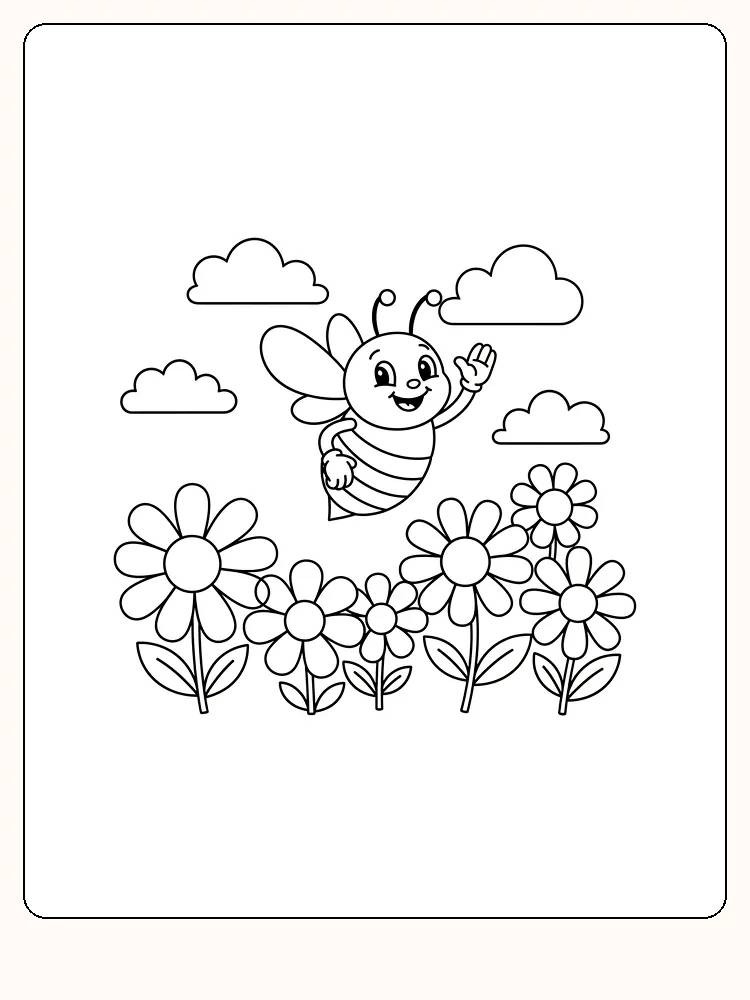 Fargeleggingstegning av en glad humle som flyr over blomster, klar til utskrift