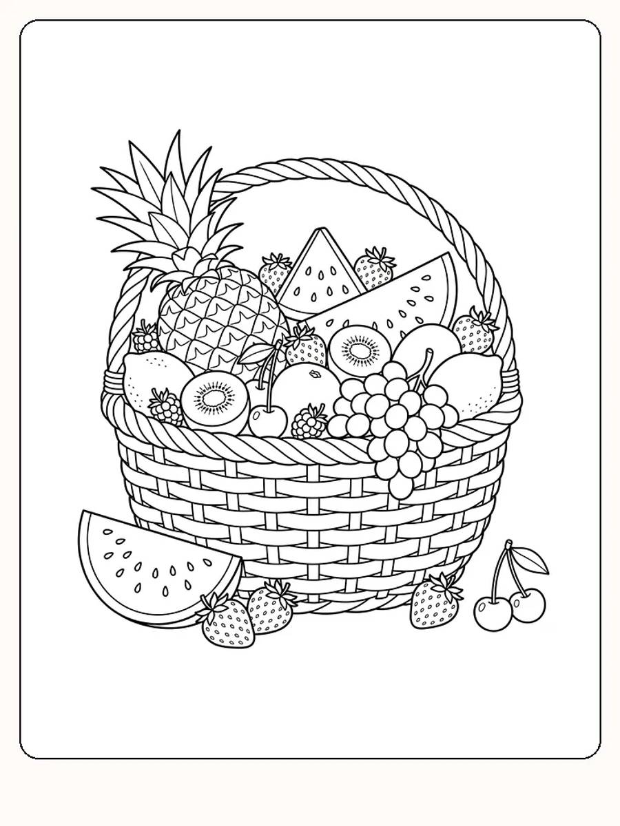 Flettet fruktkurv full av ananas, vannmelon, jordbær, kiwi, druer og sitroner, med jordbær og kirsebær på bakken foran