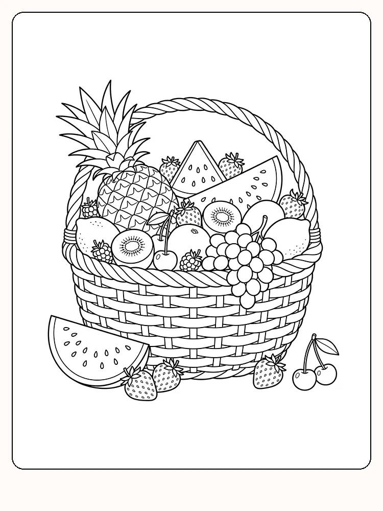 Flettet fruktkurv full av ananas, vannmelon, jordbær, kiwi, druer og sitroner, med jordbær og kirsebær på bakken foran