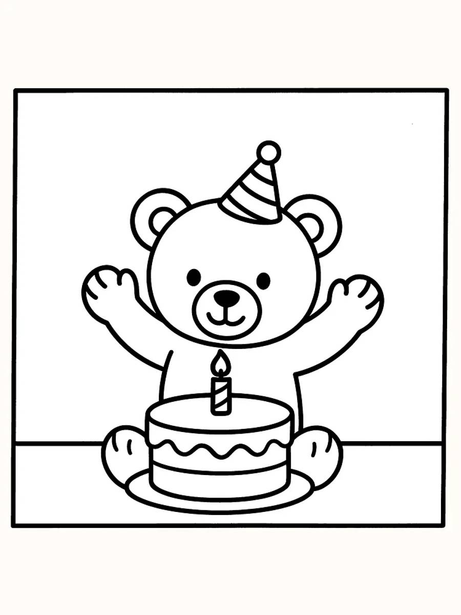 Tegning til farvelægning af en bamse med fødselsdagshat, der sidder foran en kage med ét lys, klar til print