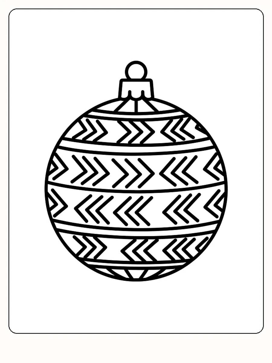 Fargeleggingsbilde av en dekorativ julekule med geometrisk mønster, perfekt for utskrift og fargelegging