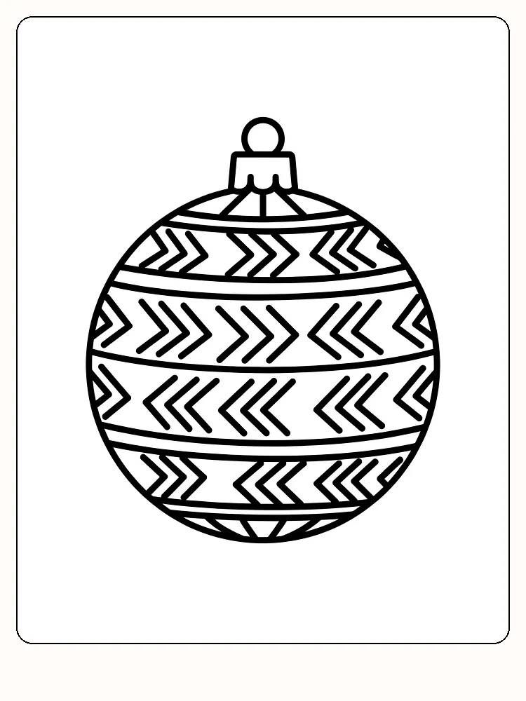 Fargeleggingsbilde av en dekorativ julekule med geometrisk mønster, perfekt for utskrift og fargelegging