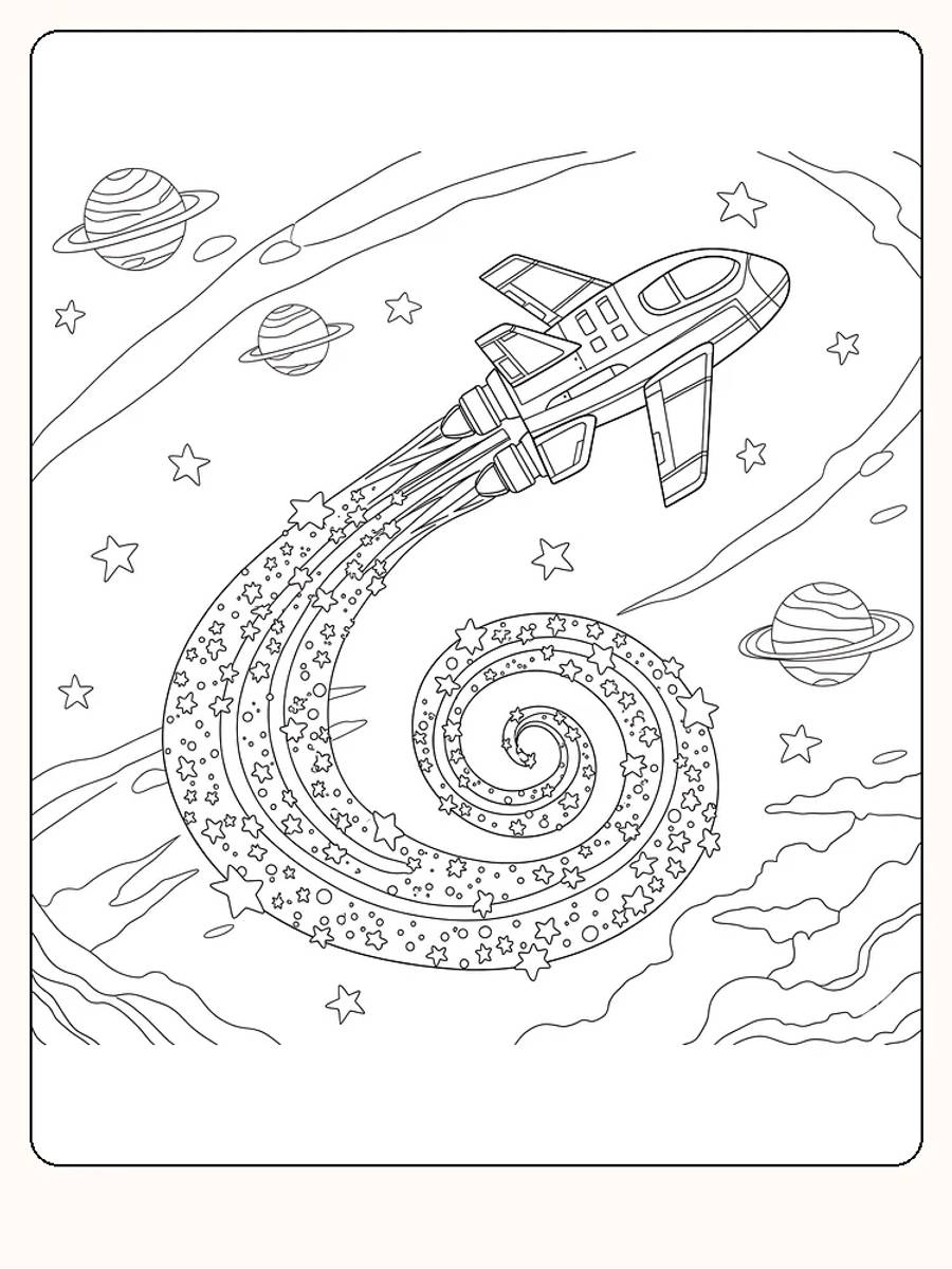 Målarbild av ett rymdskepp med en lång stjärnsvans som susar genom universum.