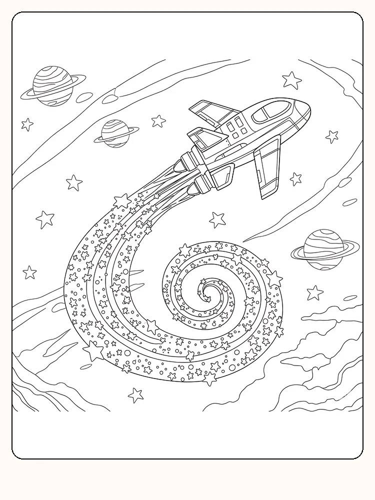 Målarbild av ett rymdskepp med en lång stjärnsvans som susar genom universum.