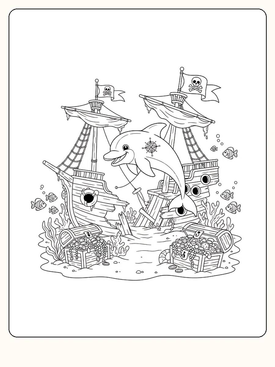 Tegning til farvelægning af en delfin foran et piratskib med skatkister, klar til print