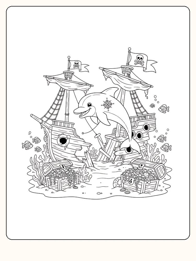 Tegning til farvelægning af en delfin foran et piratskib med skatkister, klar til print