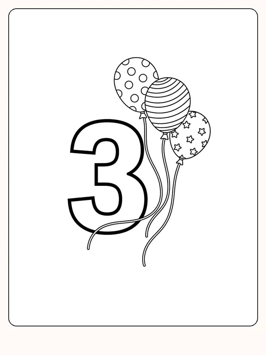 Ausmalbild des Zahlens drei, umgeben von drei Ballons mit verschiedenen Mustern.