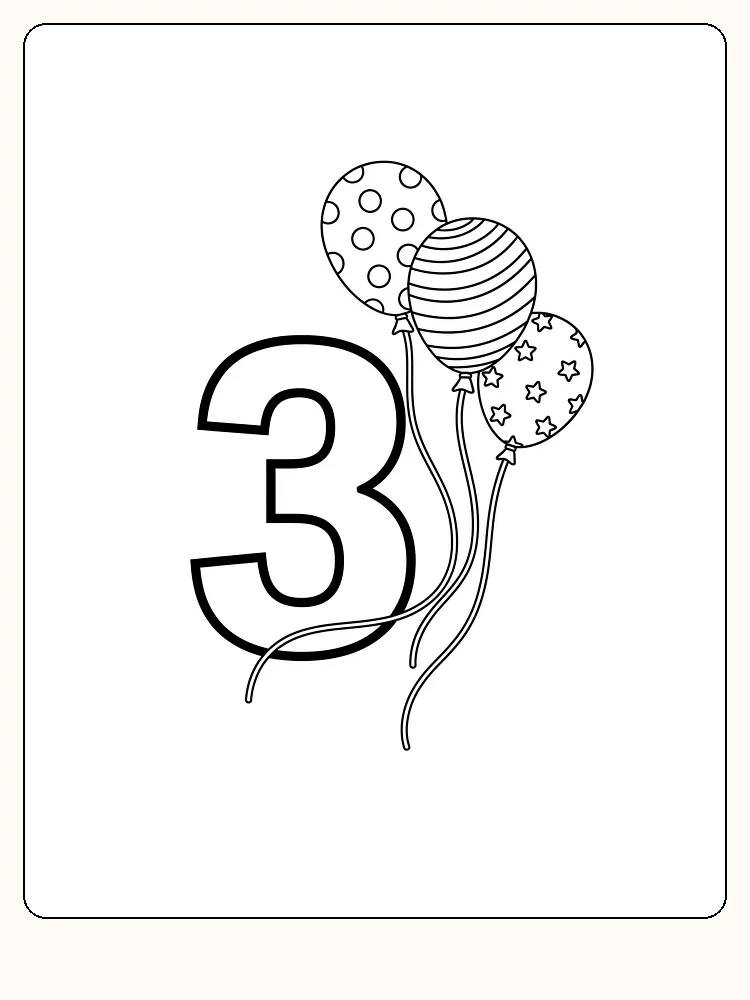 Ausmalbild des Zahlens drei, umgeben von drei Ballons mit verschiedenen Mustern.